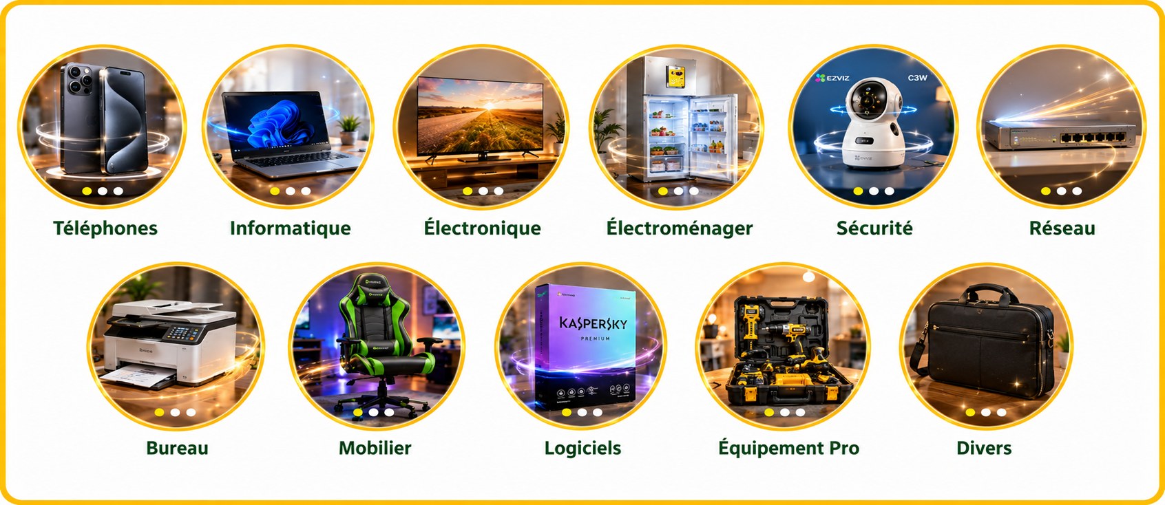 Nos catégories : Téléphones, Informatique, Électronique, Électroménager, Sécurité, Réseau, Bureau, Mobilier, Logiciels, Équipement Pro, Divers